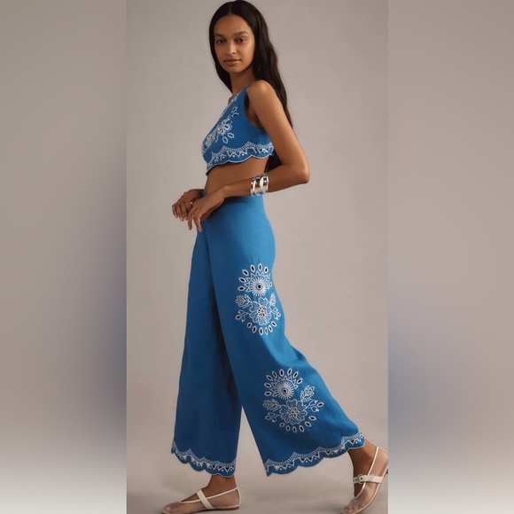 FARM Rio Anthropologie One Shoulder Cut Out Embroidered Linen Jumpsuit Blue M - Picture 8 of 11